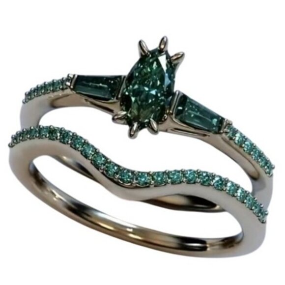 Marquise Cut Emerald Engagement Wedding Stacked Ring Set in Stainless steel - Picture 1 of 8